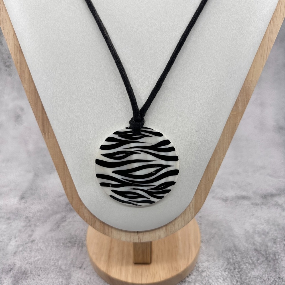 Zebra Print Round Pendant Black Cord Necklace Statement Y2K Animal Print Gift